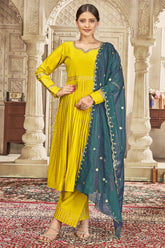 Yellow Anarkali Embroidered Kurta Set with Trousers and Dupatta-CL-KPD-130